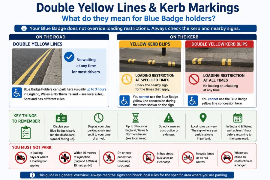Double yellow lines and yellow kerb markings for Blue Badge parking