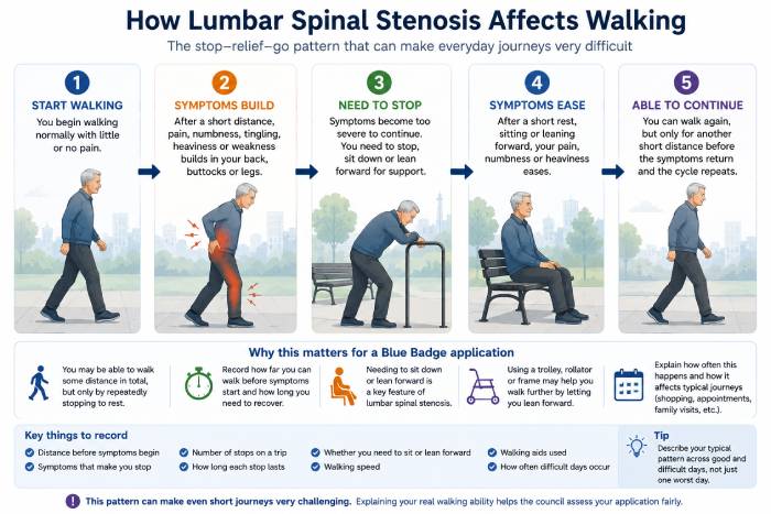 How lumbar spinal stenosis affects walking during a Blue Badge journey