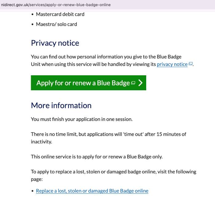 Apply or renew a Blue Badge online through nidirect in Northern Ireland