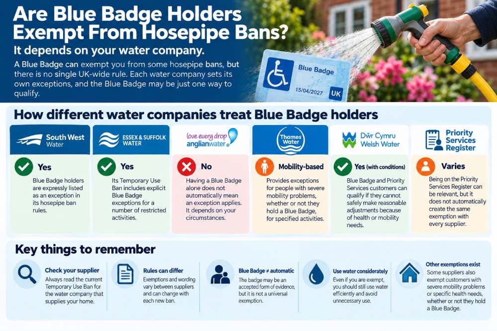 Blue Badge hosepipe ban exemptions comparing water company rules and disability exceptions in the UK