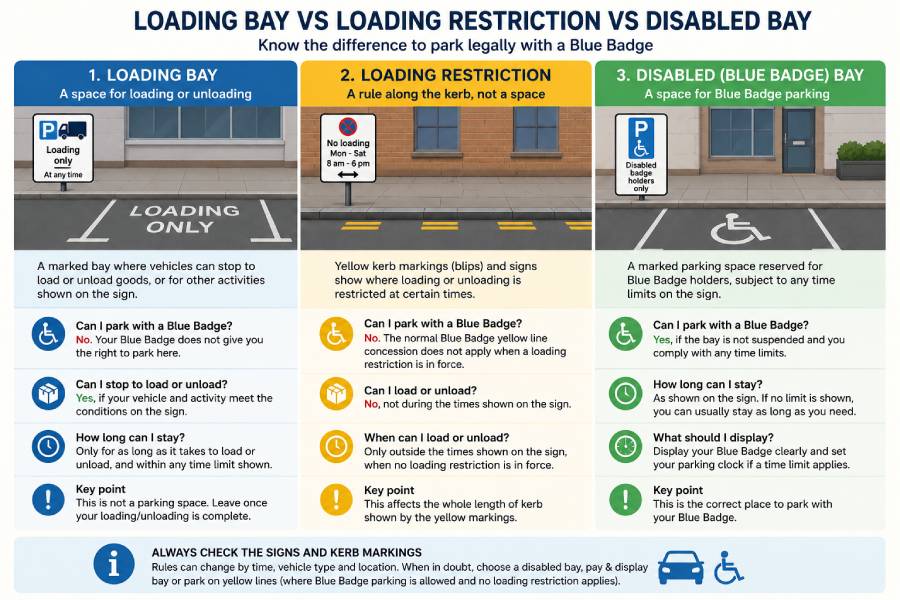 Difference between a loading bay, loading restriction and Blue Badge parking bay