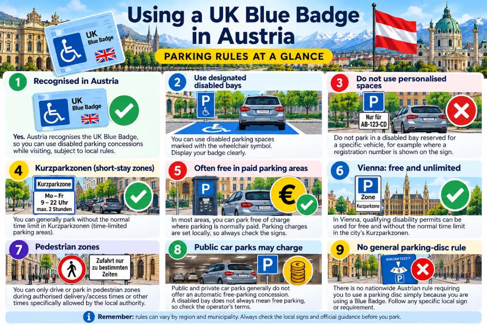 UK Blue Badge parking rules in Austria including disabled bays, Kurzparkzonen, Vienna parking and paid parking concessions