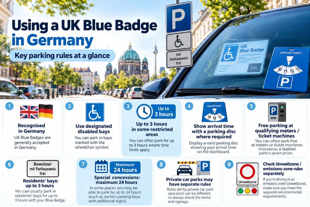 UK Blue Badge parking rules in Germany including disabled bays, parking disc, free meters, 3-hour concessions and Umweltzone rules