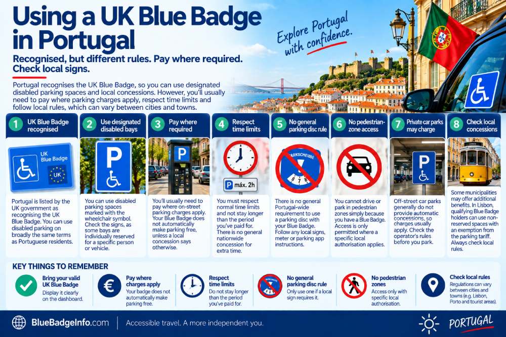UK Blue Badge parking rules in Portugal including disabled bays, paid parking, time limits and local concessions