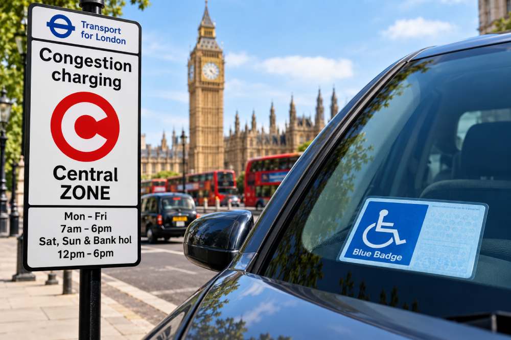 UK Blue Badge displayed in a car beside a London Congestion Charge sign near Westminster