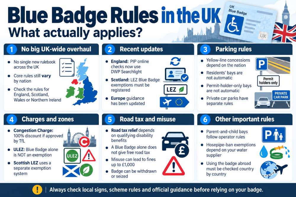 Blue Badge rules in the UK including parking, Congestion Charge, ULEZ, road tax, misuse and other important exemptions