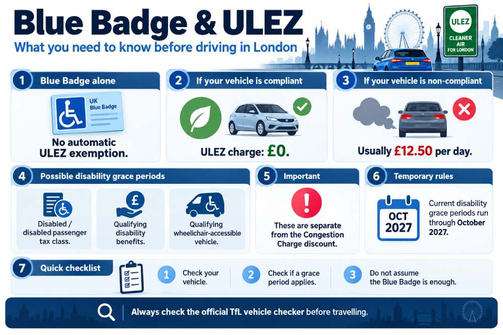 Blue Badge ULEZ rules showing £12.50 daily charge, compliant vehicles and disability grace periods until October 2027