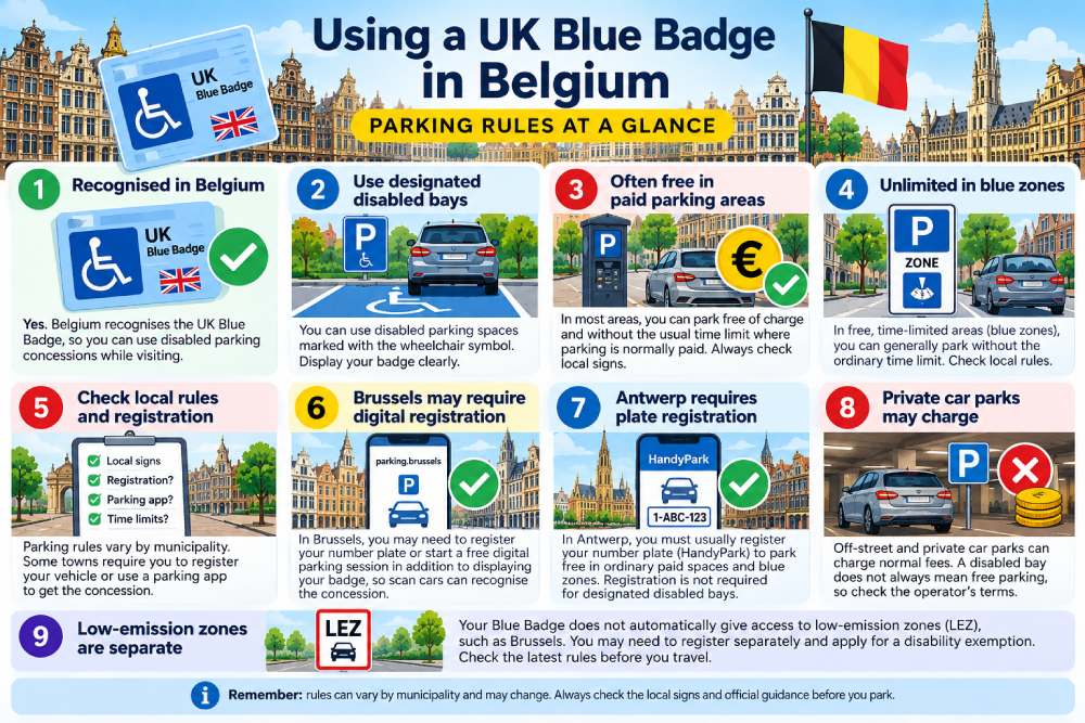 UK Blue Badge parking rules in Belgium including disabled bays, free street parking, Brussels registration, Antwerp HandyPark and LEZ rules