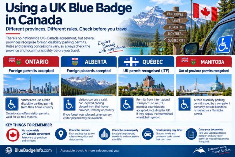 Using a UK Blue Badge in Canada with parking permit rules for Ontario, Alberta, Quebec and Manitoba