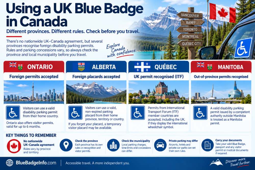 Using a UK Blue Badge in Canada with parking permit rules for Ontario, Alberta, Quebec and Manitoba