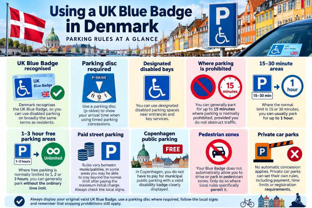 UK Blue Badge parking rules in Denmark including parking disc, time concessions, Copenhagen parking and private car parks
