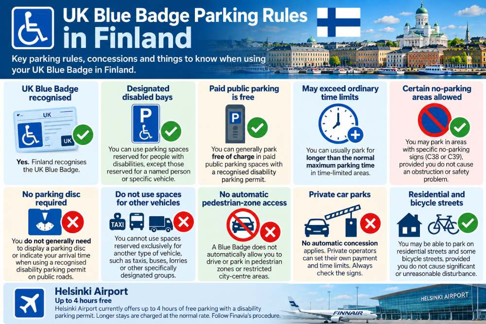 UK Blue Badge parking rules in Finland including free public parking, extended time limits, no parking disc requirement and Helsinki Airport