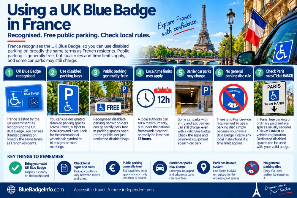 UK Blue Badge parking rules in France including free public parking, local time limits and Paris Ticket HANDI