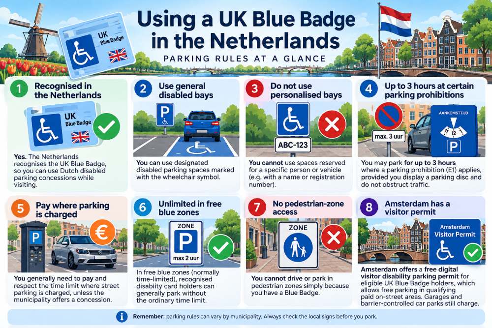 UK Blue Badge parking rules in the Netherlands including disabled bays, parking disc, paid parking, blue zones and Amsterdam visitor permit