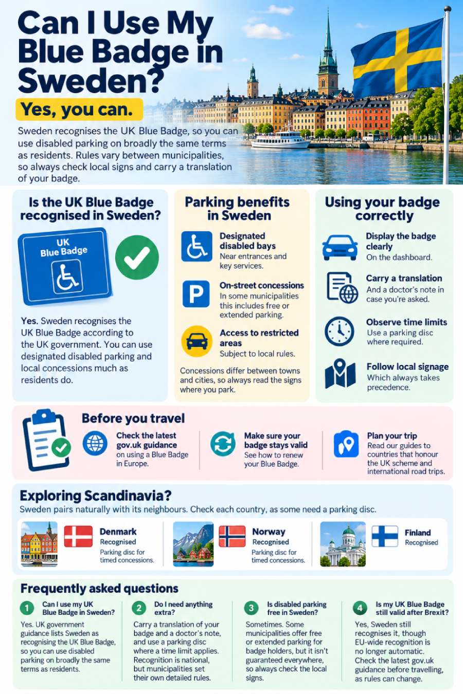UK Blue Badge parking rules in Sweden including three-hour and 24-hour concessions, parking fees and local city rules