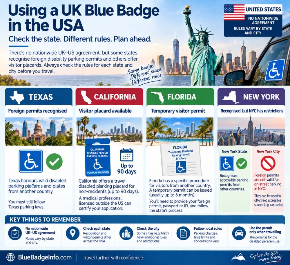 Using a UK Blue Badge in the USA with state rules for Texas, California, Florida and New York